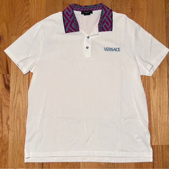 Versace Other - Versace Blue Magenta Collar Embroidered Logo Polo Shirt NWOT🔥